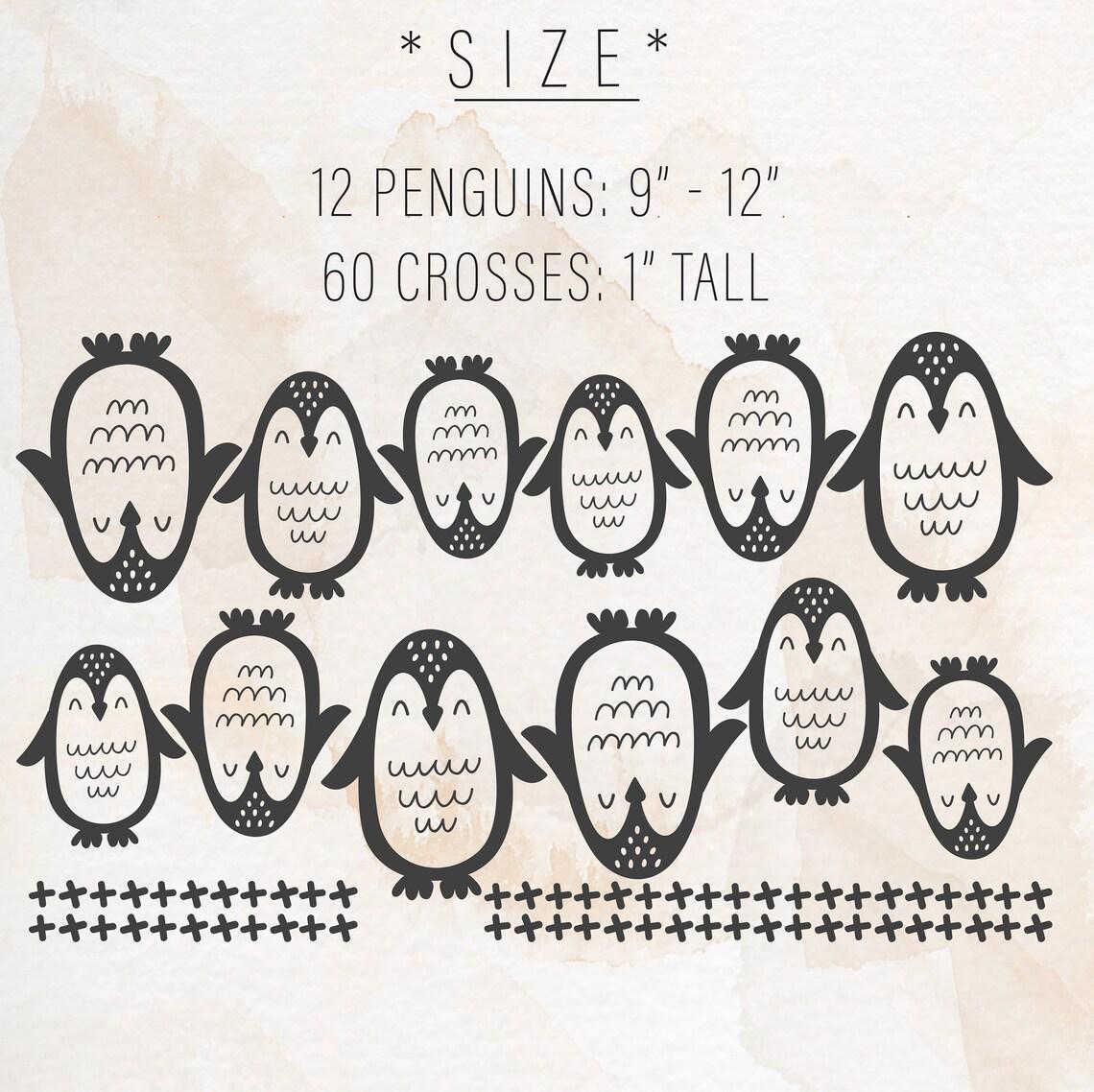 Close-up detail of penguin wall decals set (12 large penguins 9-12") matte vinyl finish