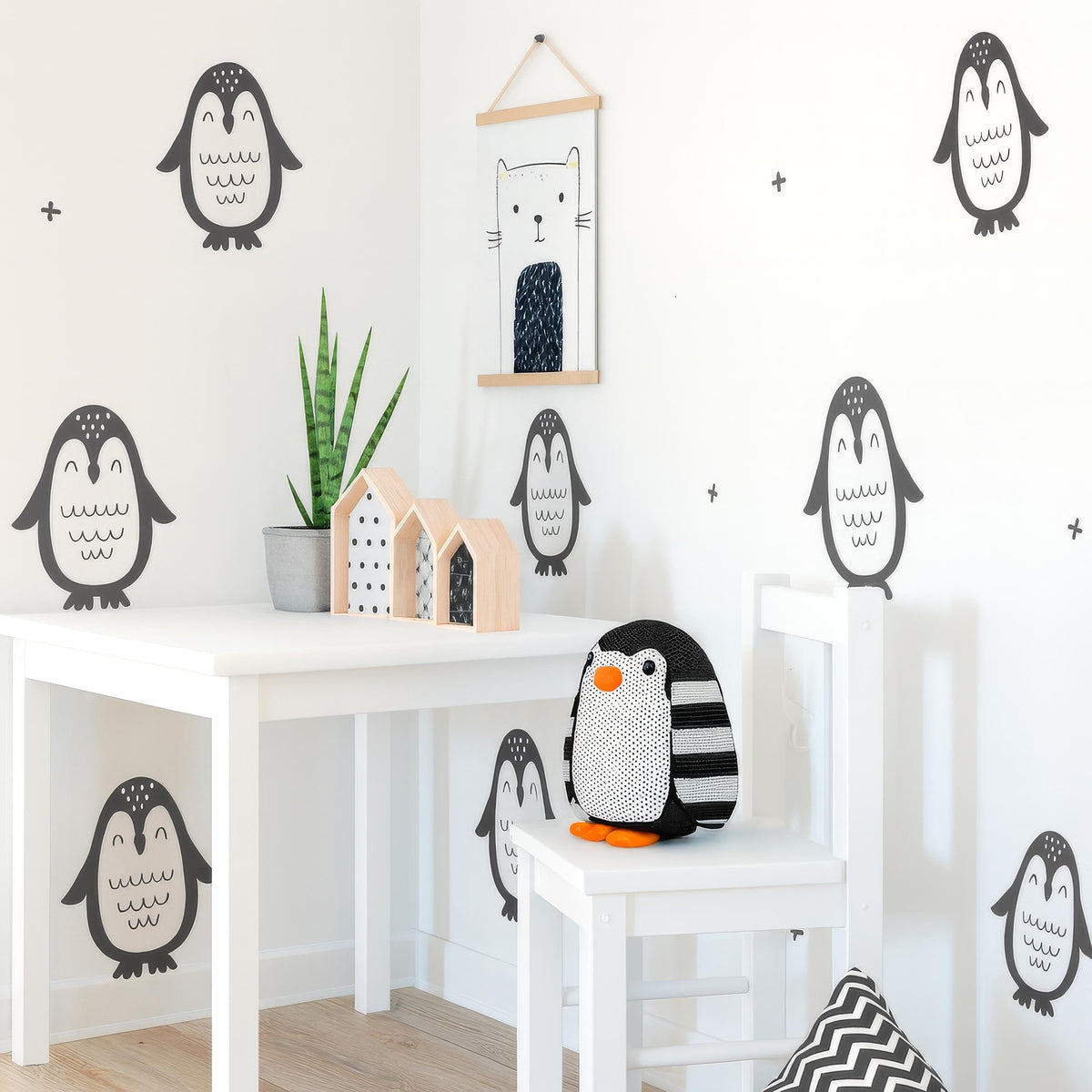 Penguin Wall Decals Set (12 Large Penguins 9-12") styled in a room setting