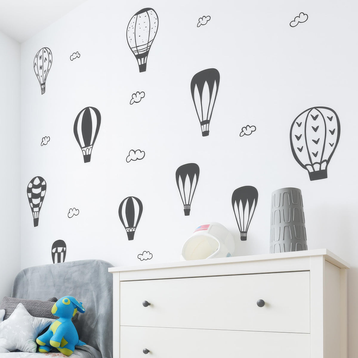Hot Air Balloon Wall Decals installed on a styled nursery wall