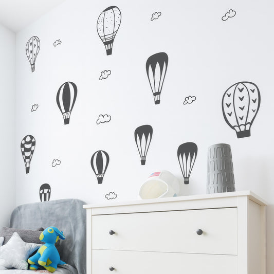 Hot Air Balloon Wall Decals installed on a styled nursery wall