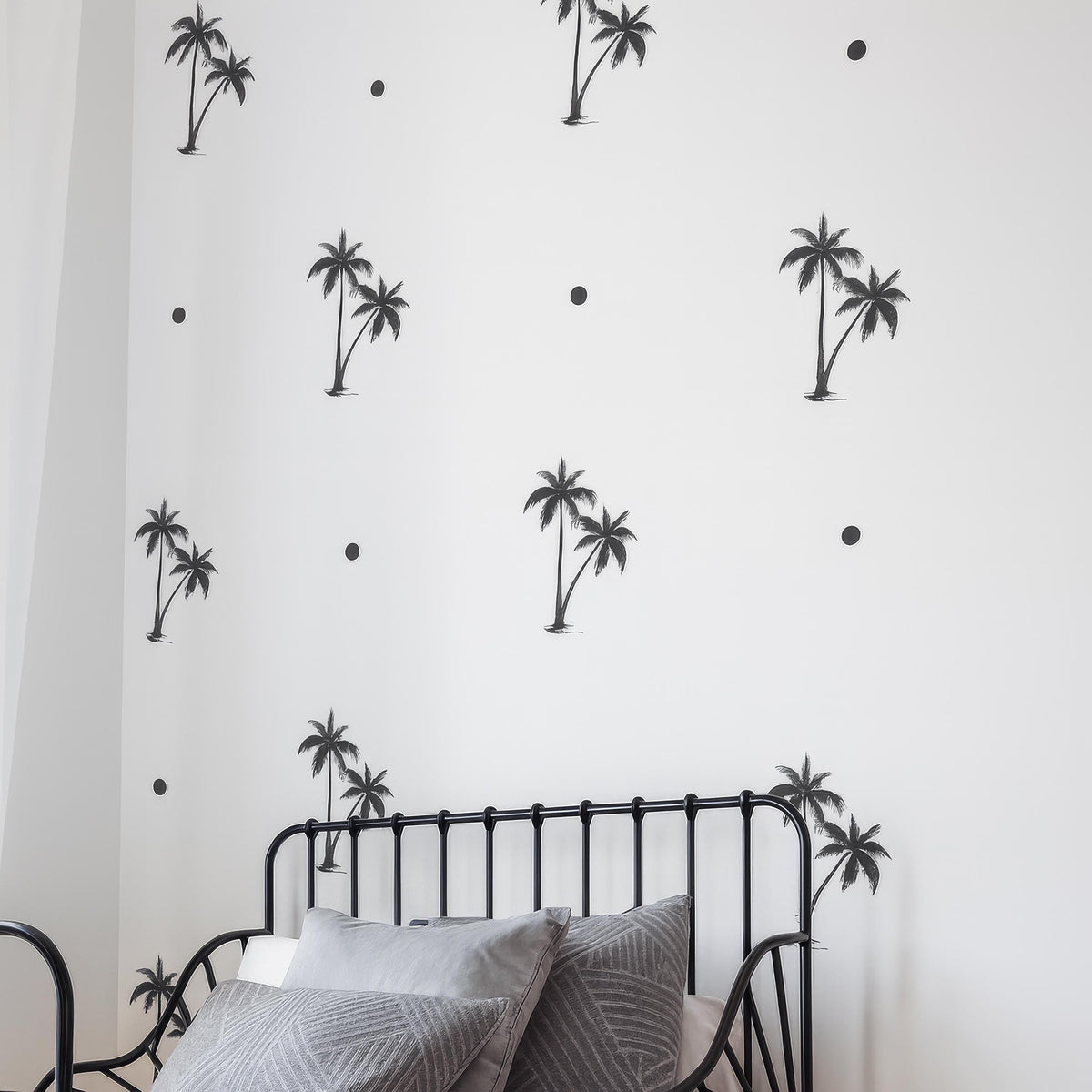 Palm Tree Wall Decals Set (20 Trees + Dots) styled in a room setting