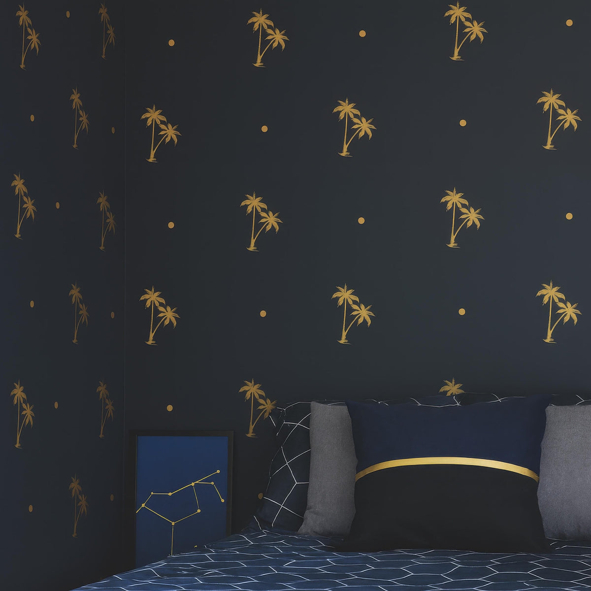Palm Tree Wall Decals Set (20 Trees + Dots) shown in a home interior
