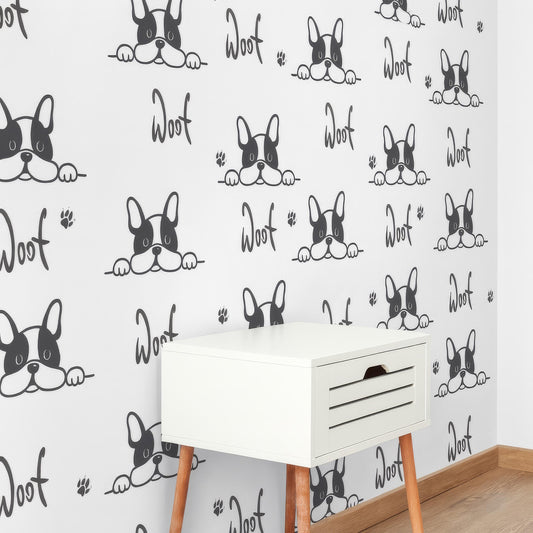 Dog Wall Decals “Woof” Border installed on a styled nursery wall