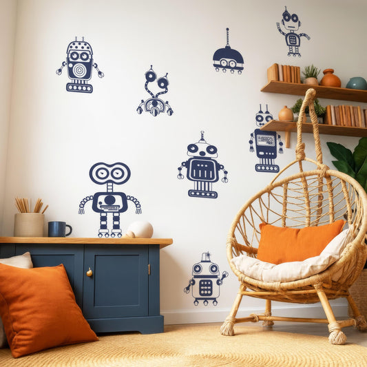 Large Robot Wall Decals Set of installed on a styled nursery wall