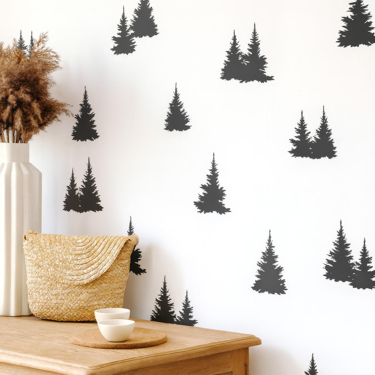 Pine Tree Wall Decals installed on a styled nursery wall