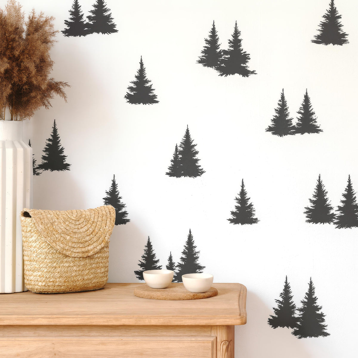 Pine Tree Wall Decals shown in a home interior