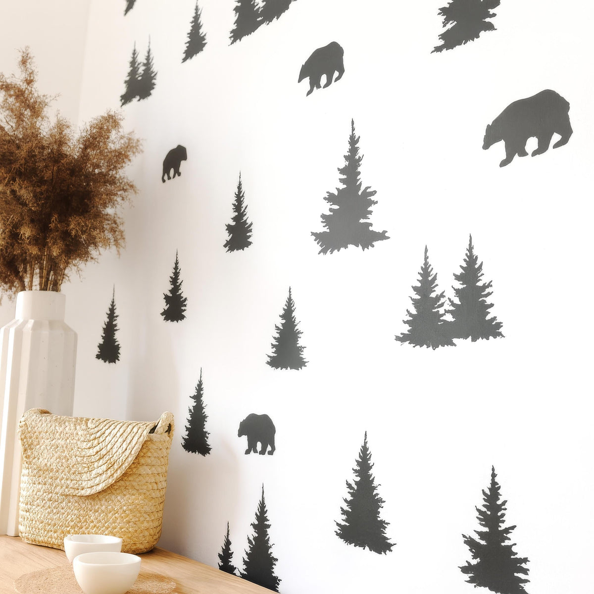 Woodland Bears & Pine Trees Wall Decals installed on a styled nursery wall