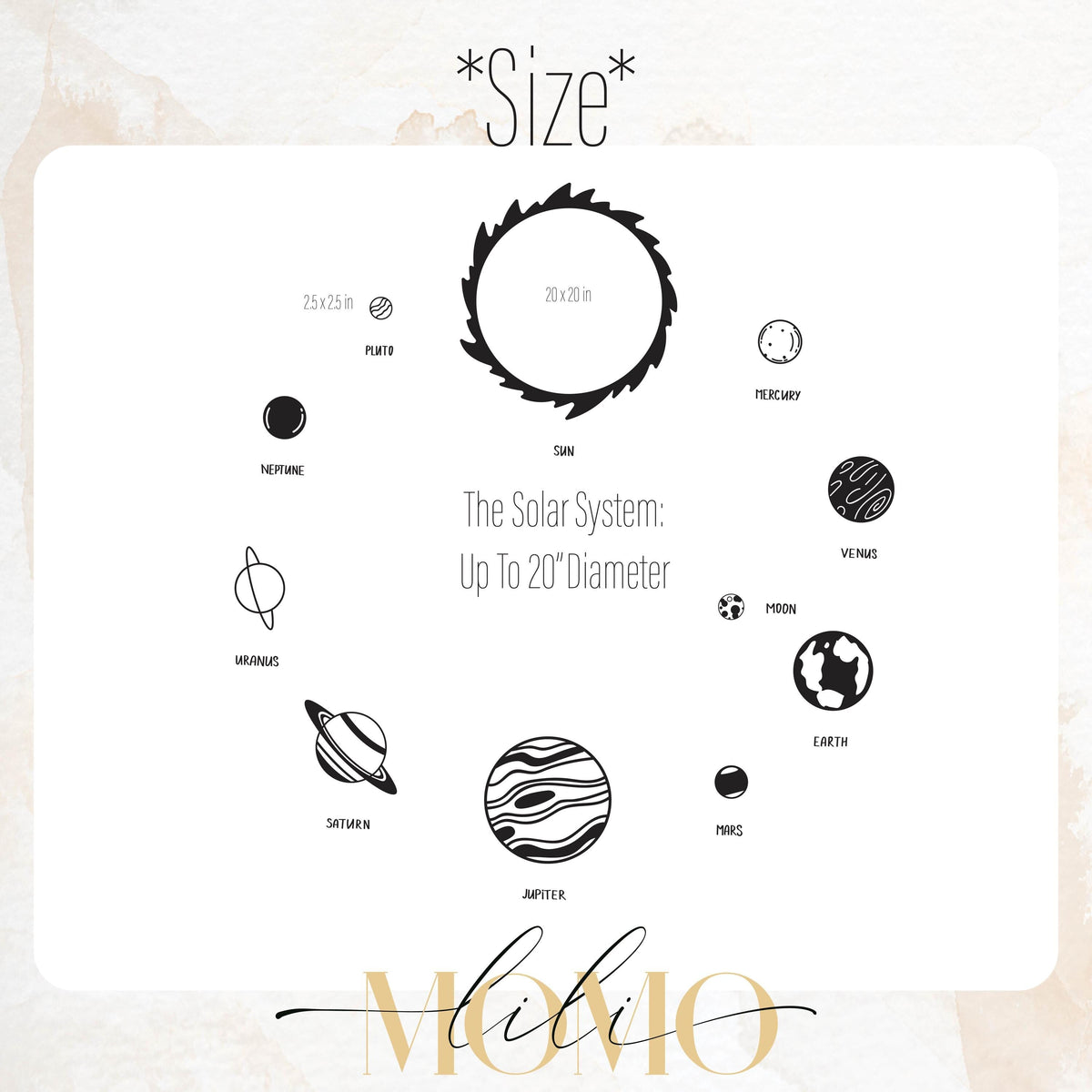 Close-up detail of solar system wall decal set (sun + planets + labels) matte vinyl finish