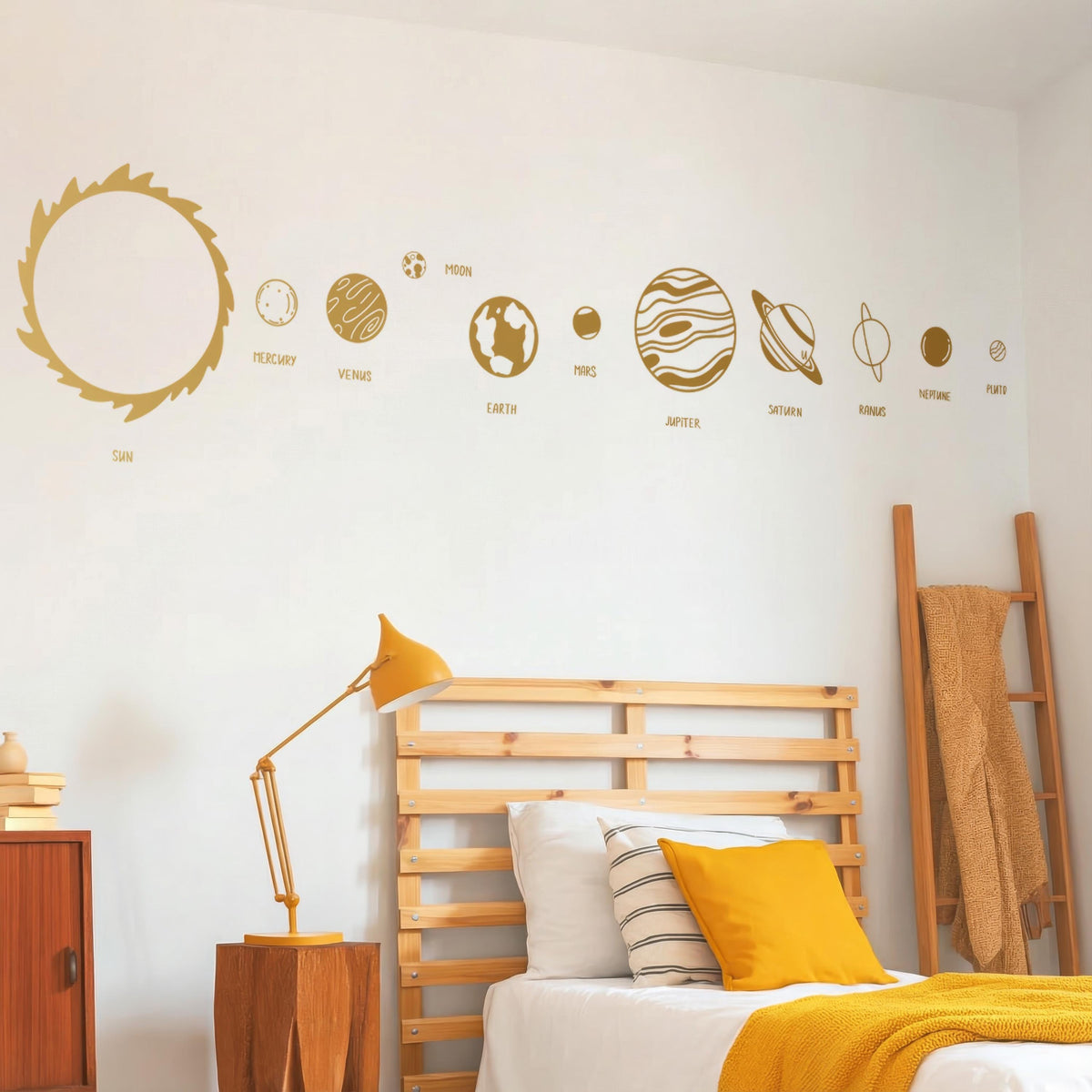 Solar System Wall Decal Set (Sun + Planets + Labels) displayed in a styled space