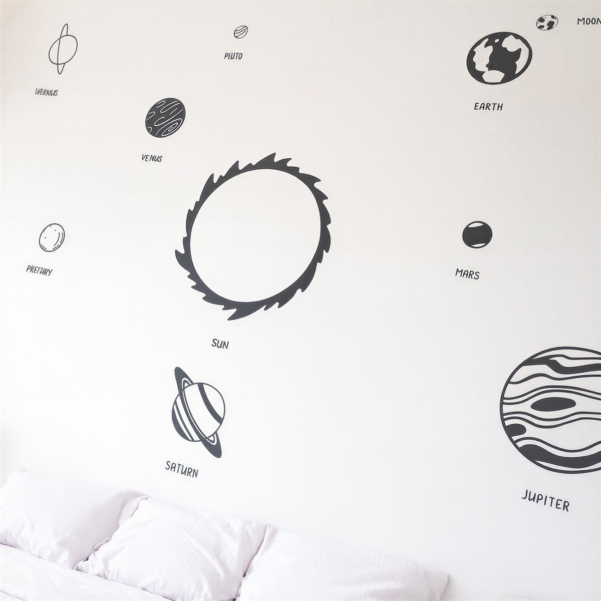 Solar System Wall Decal Set (Sun + Planets + Labels) shown in a home interior