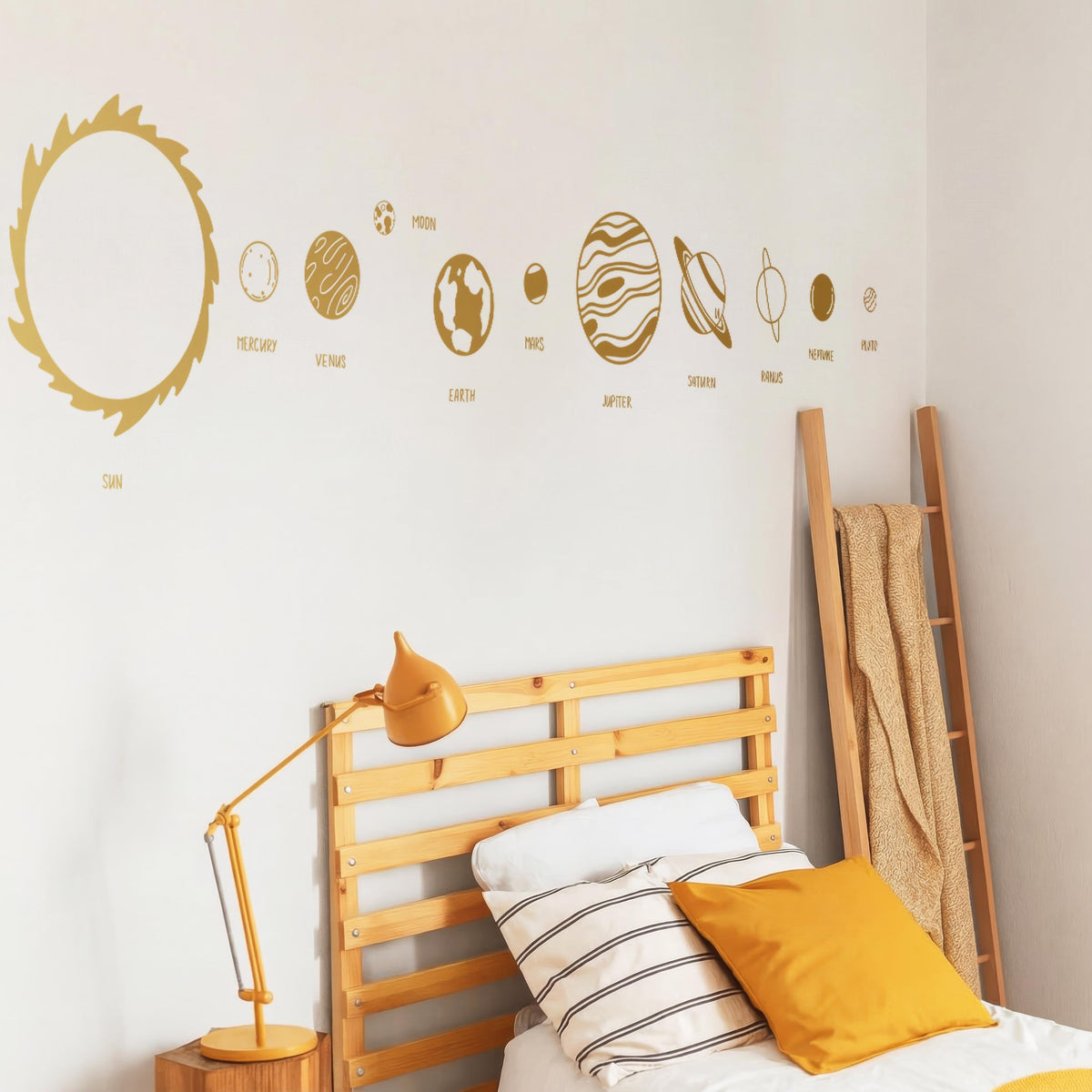 Solar System Wall Decal Set (Sun + Planets + Labels) arranged on a feature wall