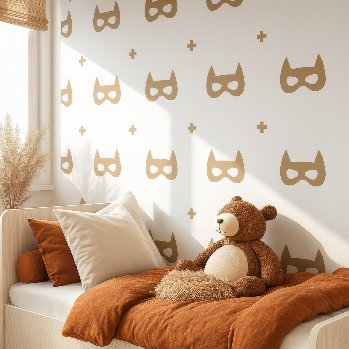 Superhero Mask Wall Decals Set installed on a styled nursery wall