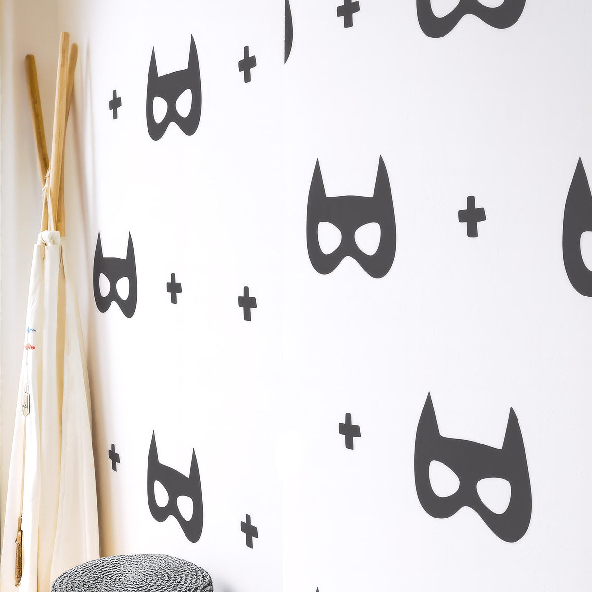 Superhero Mask Wall Decals Set arranged on a feature wall