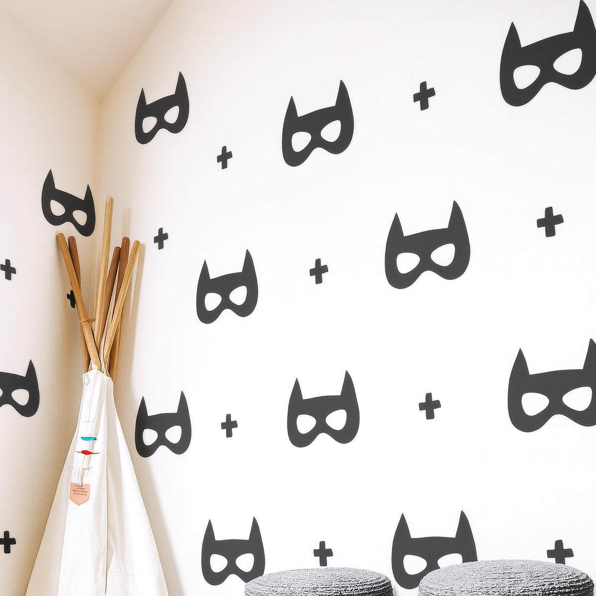 Superhero Mask Wall Decals Set styled in a room setting