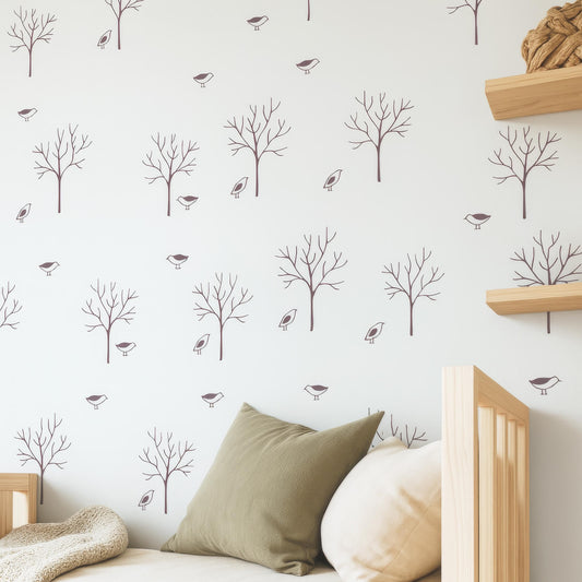 Modern Forest Tree Wall Decals with Birds installed on a styled nursery wall