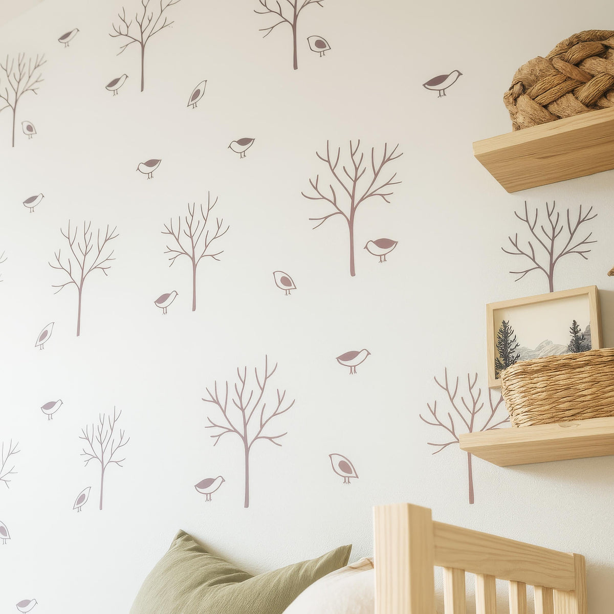 Modern Forest Tree Wall Decals with Birds arranged on a feature wall