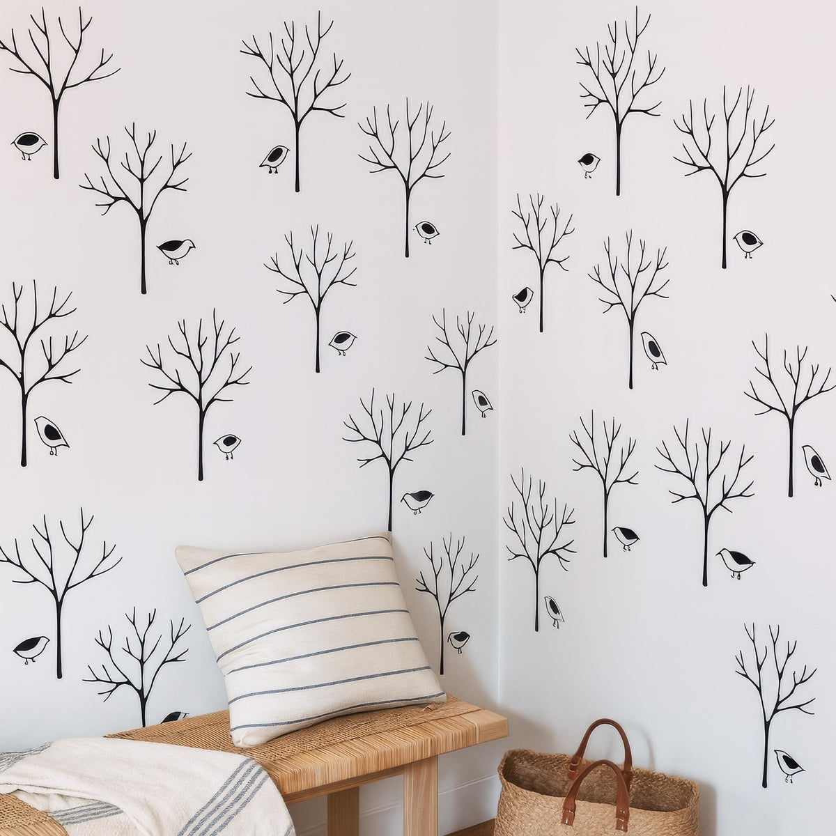 Modern Forest Tree Wall Decals with Birds displayed in a styled space