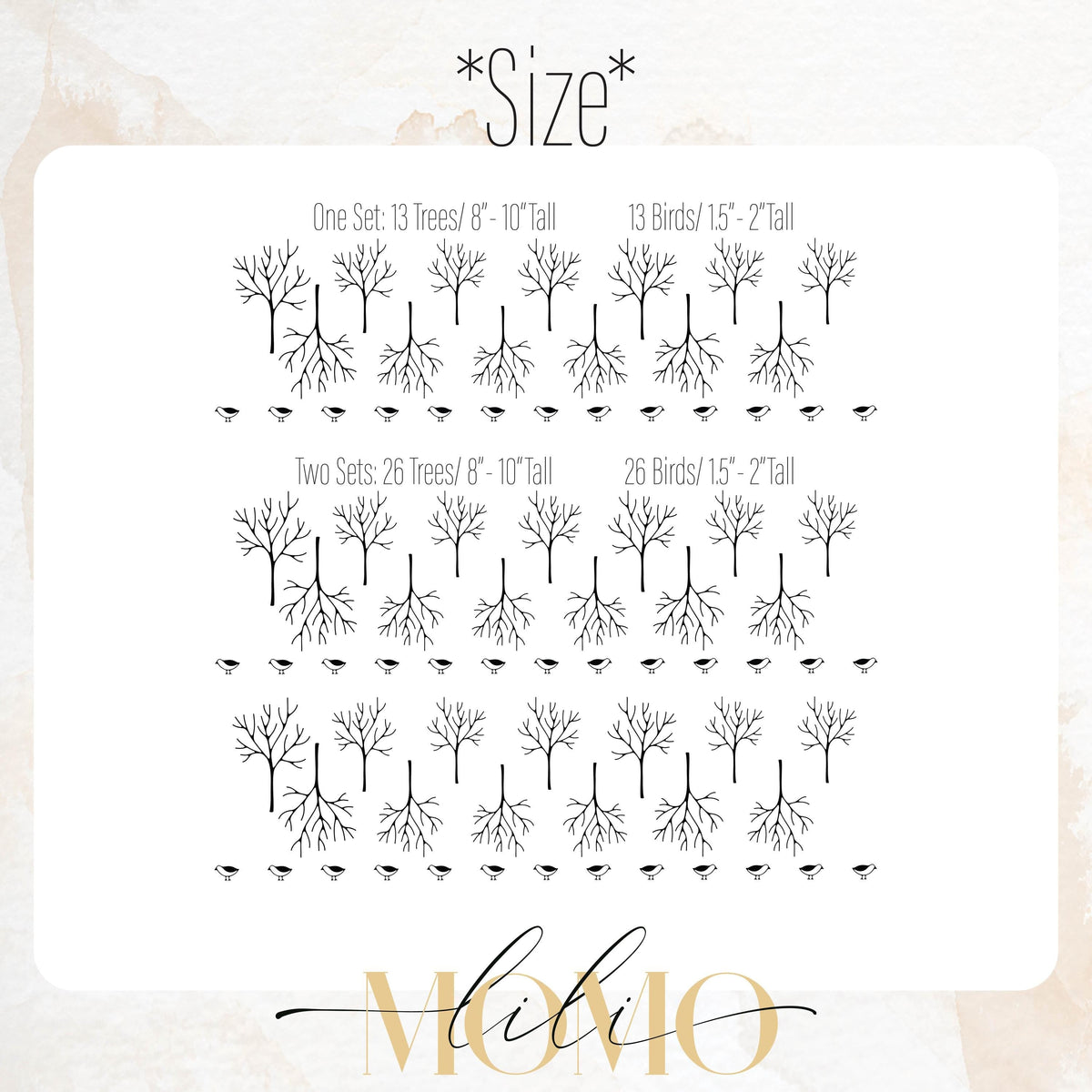 Close-up detail of modern forest tree wall decals with birds matte vinyl finish