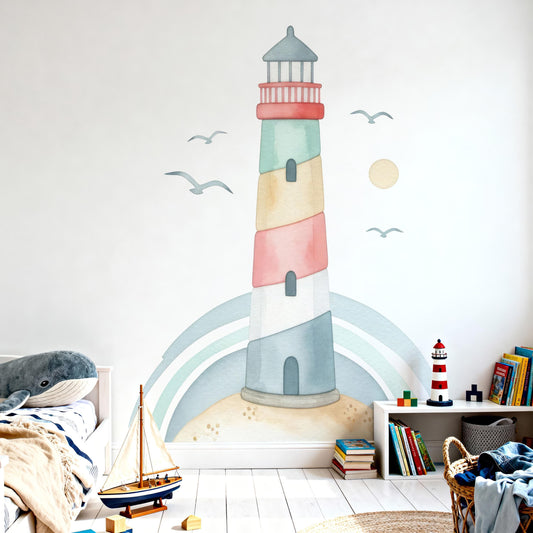 Watercolor Lighthouse Wall Decal installed on a styled nursery wall