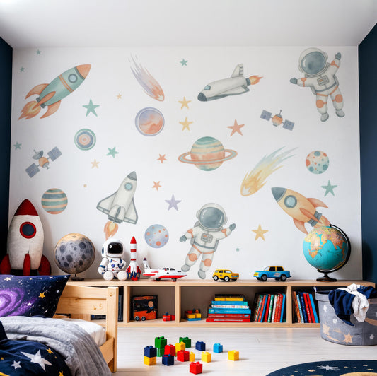 Astronaut Wall Decal Set installed on a styled nursery wall