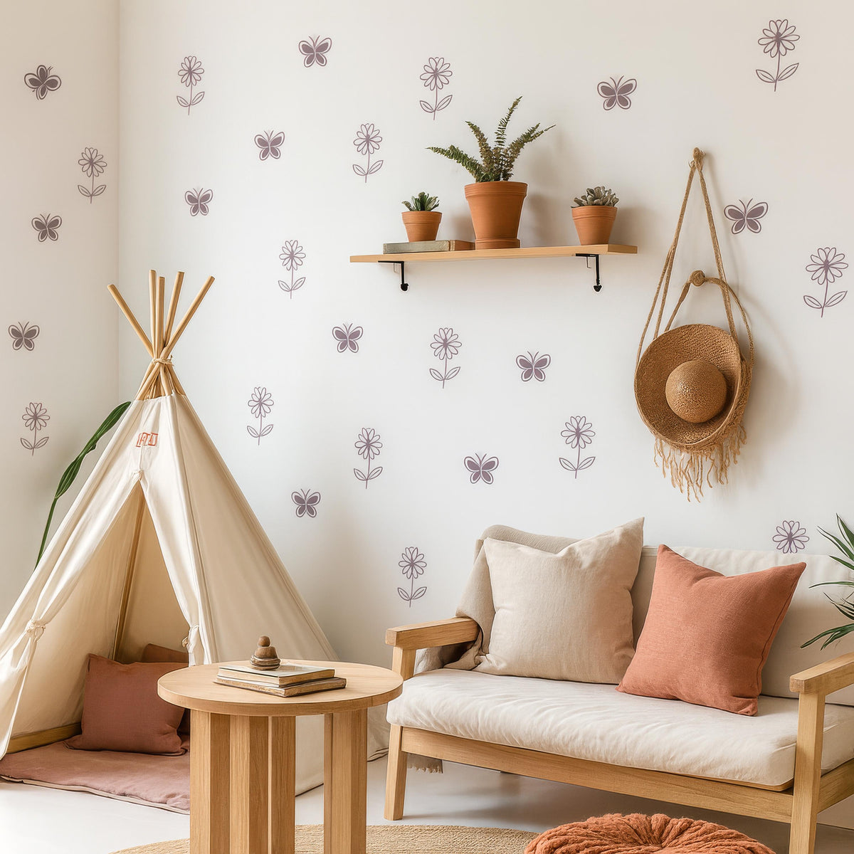 Daisy Flower & Butterfly Wall Decals Set size reference on a wall