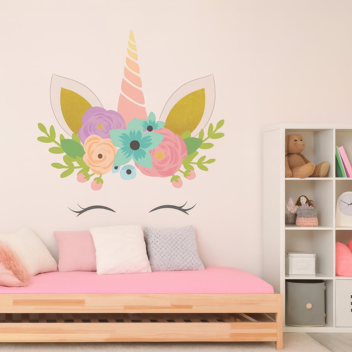 Floral Unicorn Wall Decal for Nursery displayed in a styled space