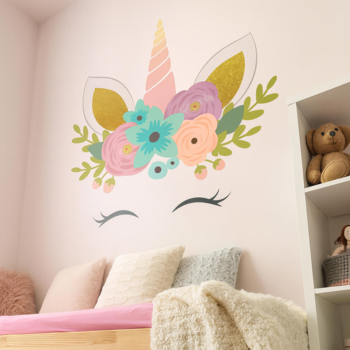 Floral Unicorn Wall Decal for Nursery styled in a room setting