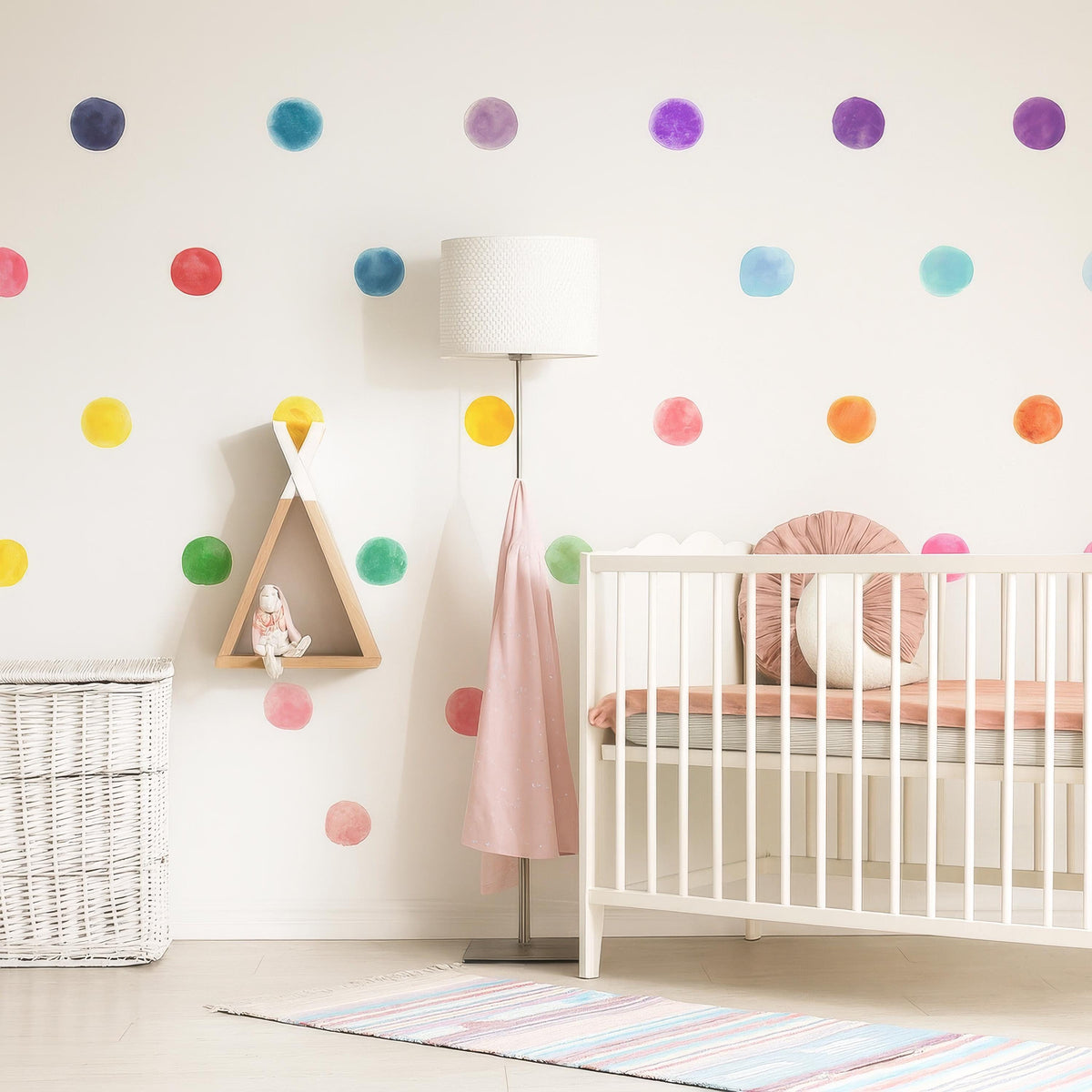 Watercolor Polka Dot Wall Decals displayed in a styled space