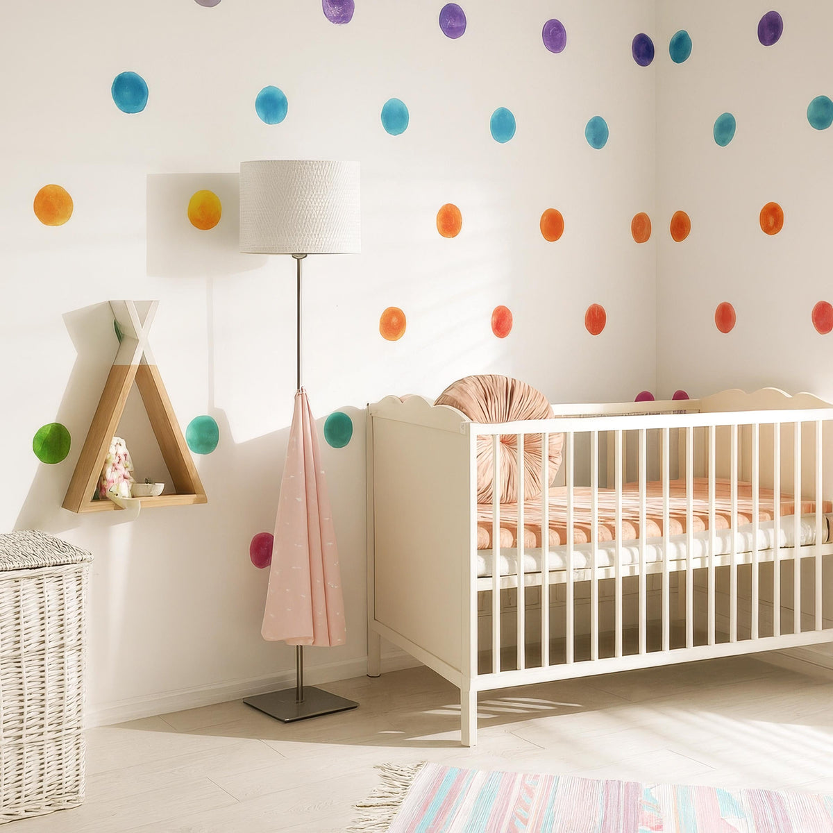 Watercolor Polka Dot Wall Decals arranged on a feature wall