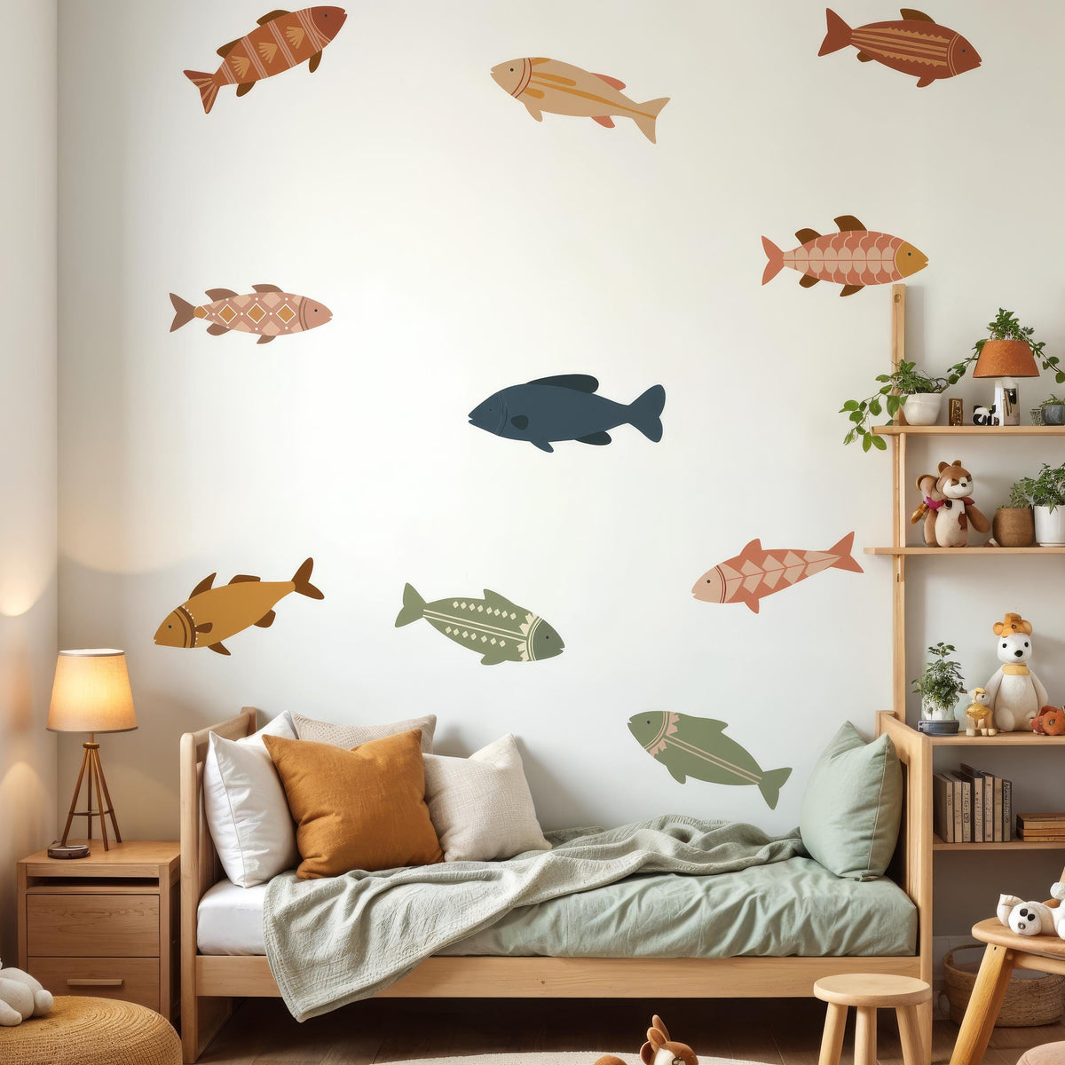 Boho Fish Wall Decals arranged on a feature wall