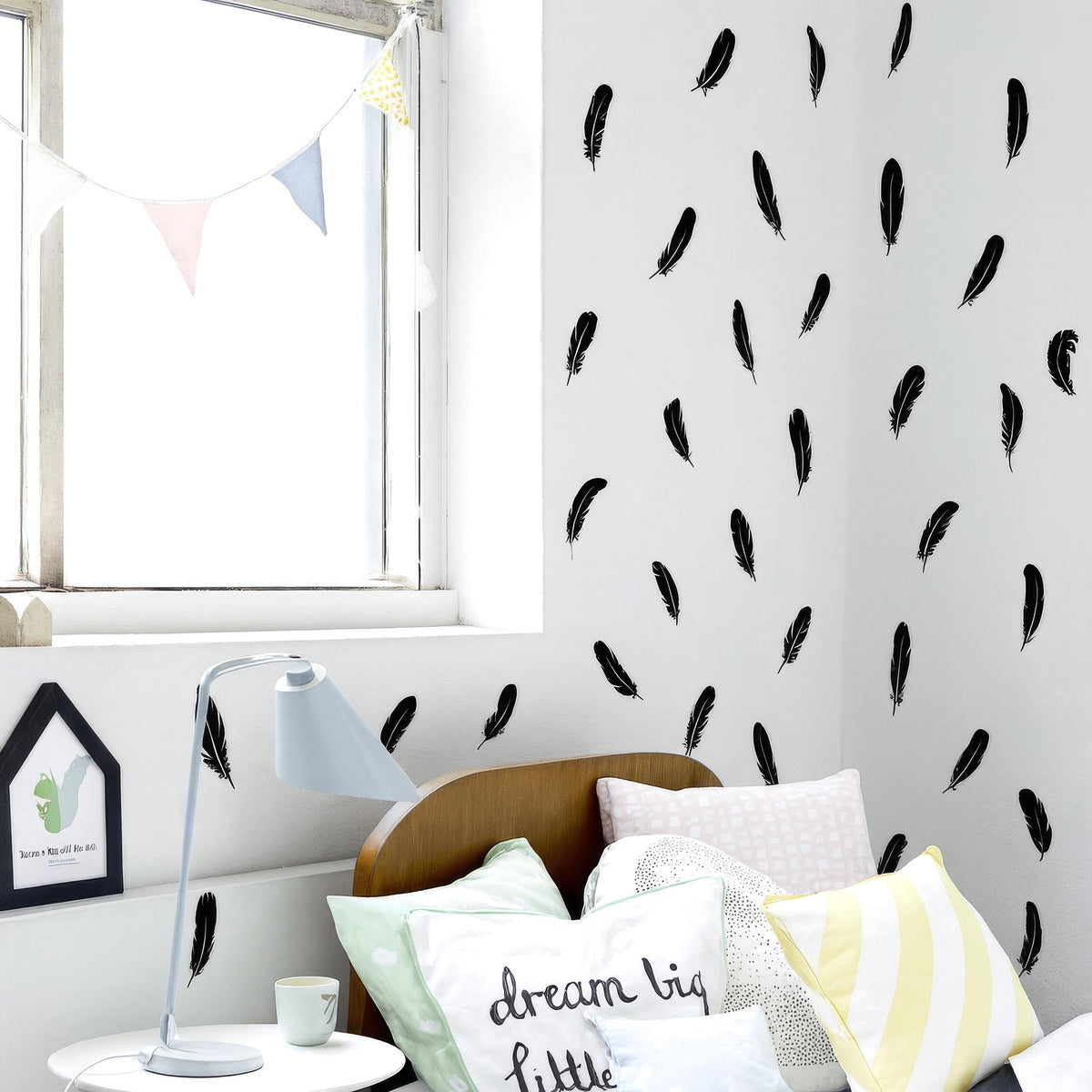 Feather Wall Decals (48 or 96) arranged on a feature wall