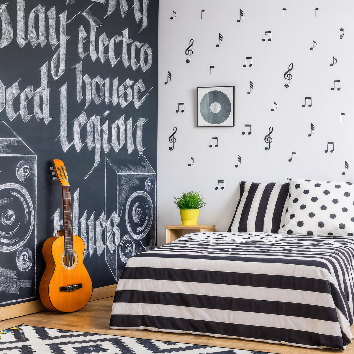 Music Notes Wall Decals (96 pcs) arranged on a feature wall