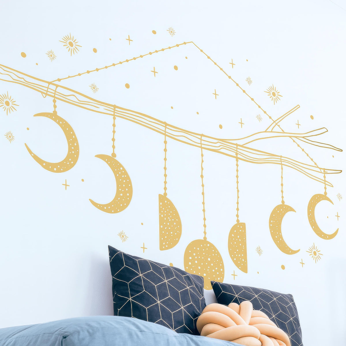 Moon Phase Mobile Wall Decal arranged on a feature wall