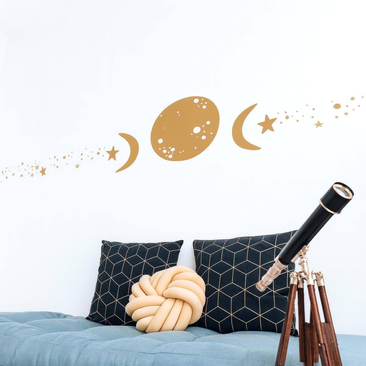Boho Moon & Stars Wall Decal arranged on a feature wall