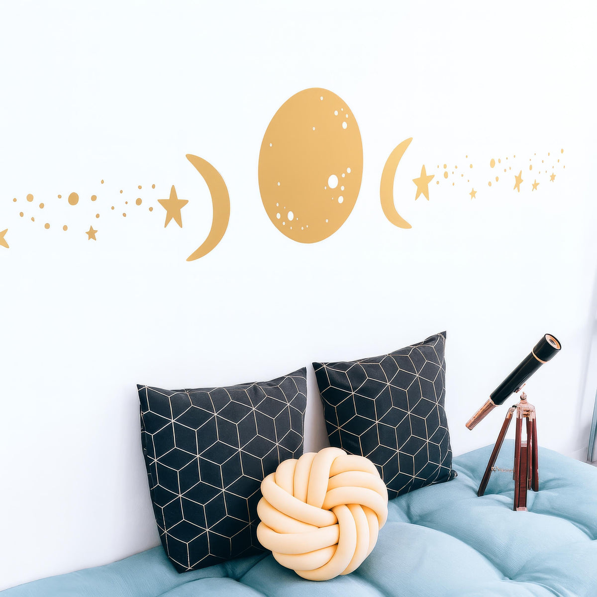 Boho Moon & Stars Wall Decal displayed in a styled space