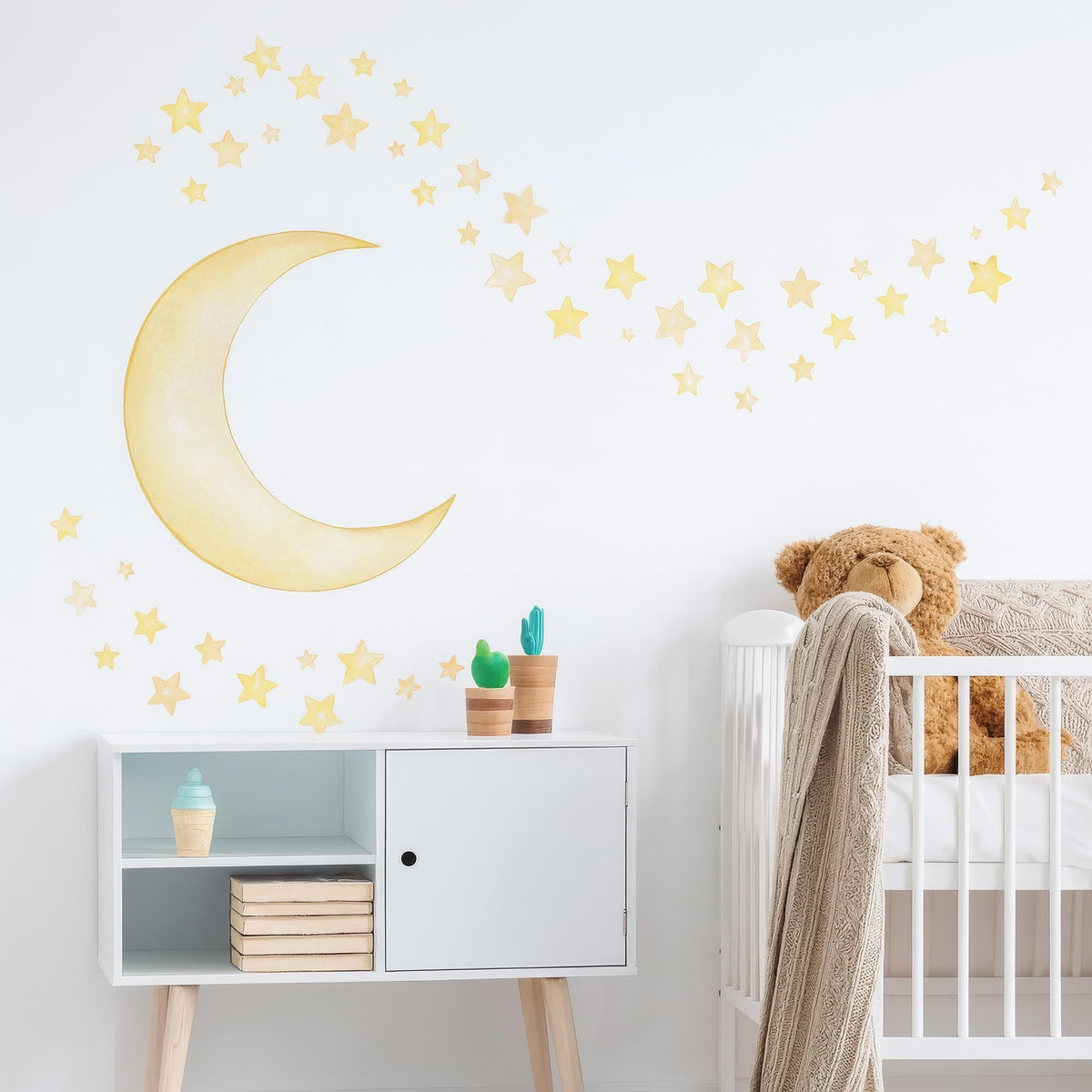 Watercolor Moon & Stars Wall Decals displayed in a styled space