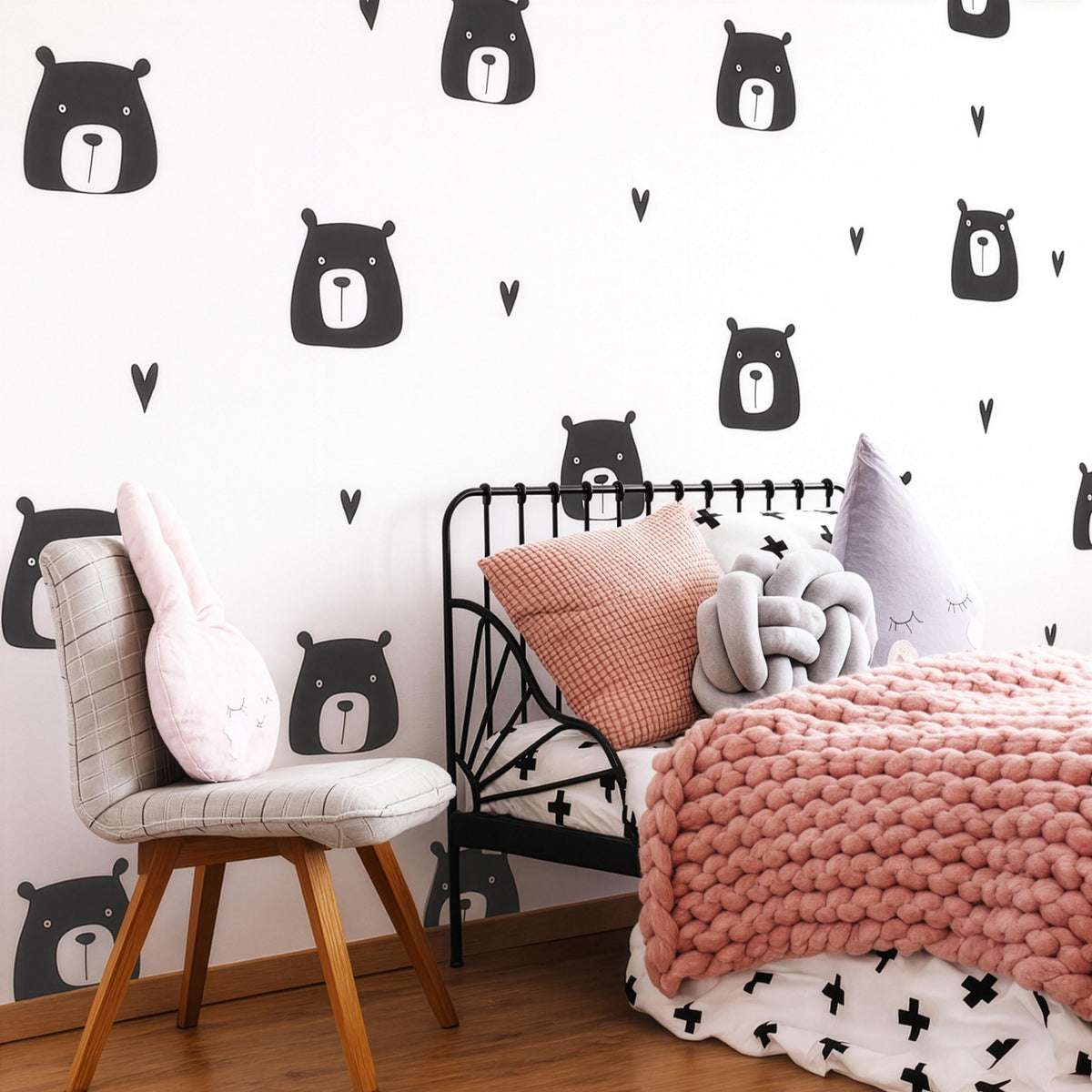 Bear Face Wall Decals with Hearts shown in a home interior