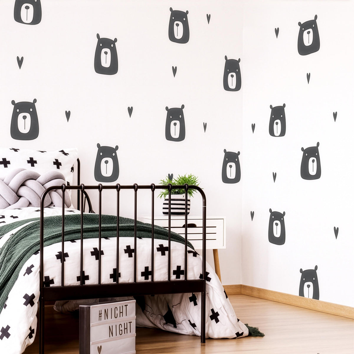Bear Face Wall Decals with Hearts styled in a room setting