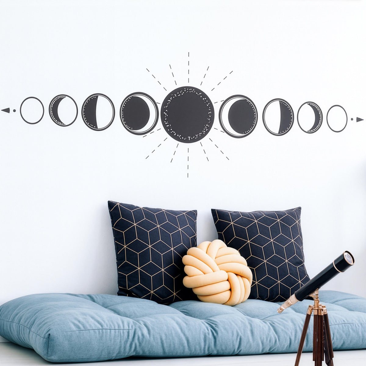 Moon Phase Wall Decal arranged on a feature wall