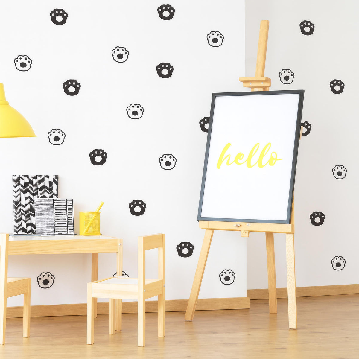 Dog Paw Print Wall Decals arranged on a feature wall