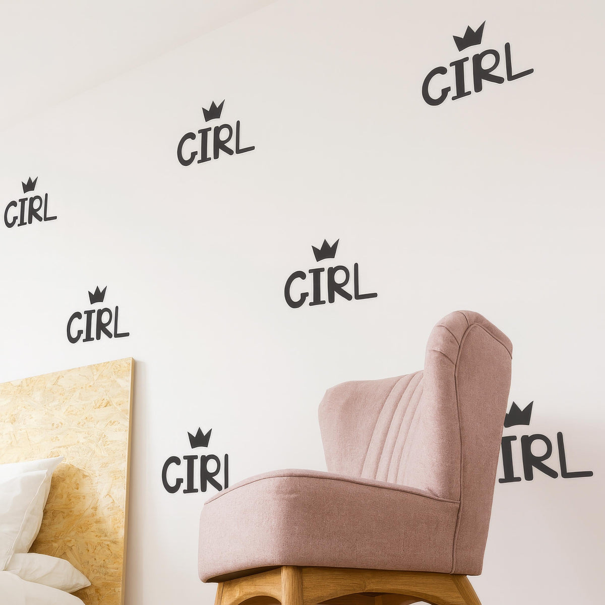 GIRL Wall Decals with Crown (Set of 16 or 32) 5in Vinyl Word Stickers installed on a styled nursery wall