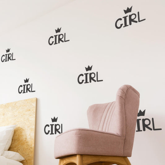 GIRL Wall Decals with Crown (Set of 16 or 32) 5in Vinyl Word Stickers installed on a styled nursery wall