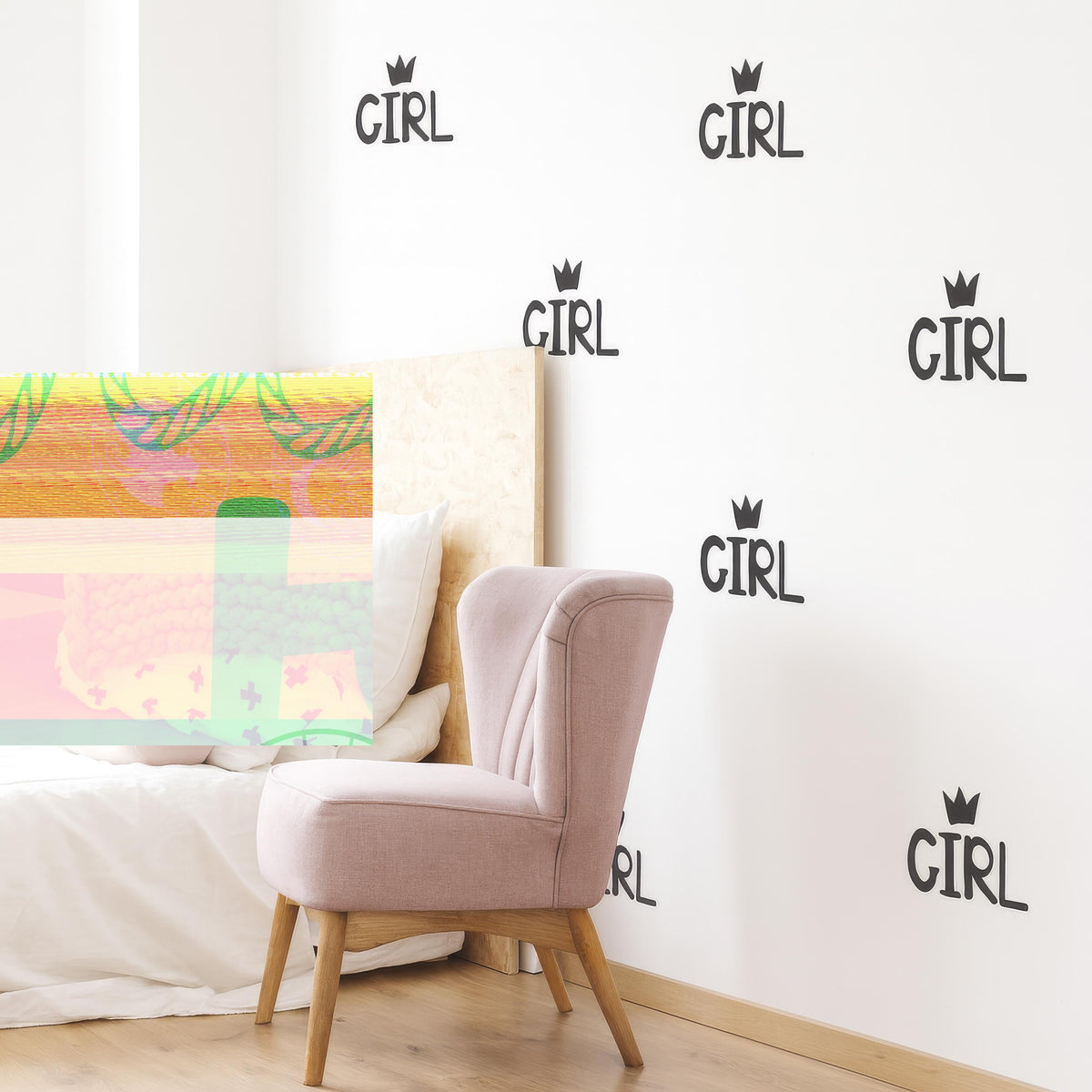 GIRL Wall Decals with Crown (Set of 16 or 32) 5in Vinyl Word Stickers arranged on a feature wall
