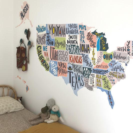 USA Map Wall Decal with State Names installed on a styled nursery wall