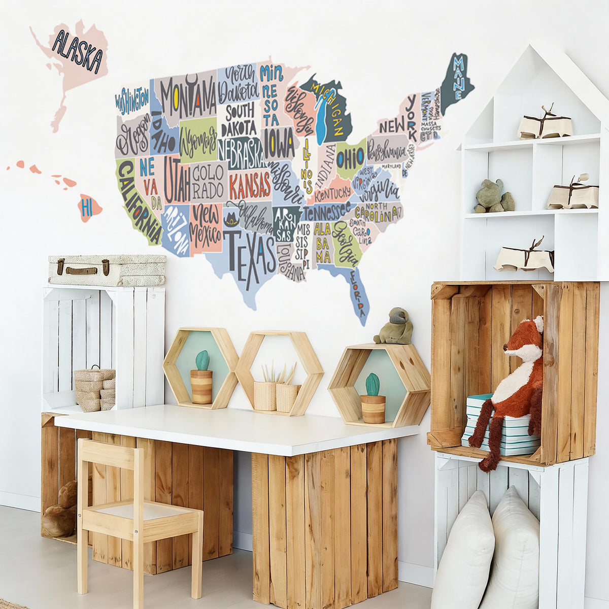 USA Map Wall Decal with State Names styled in a room setting