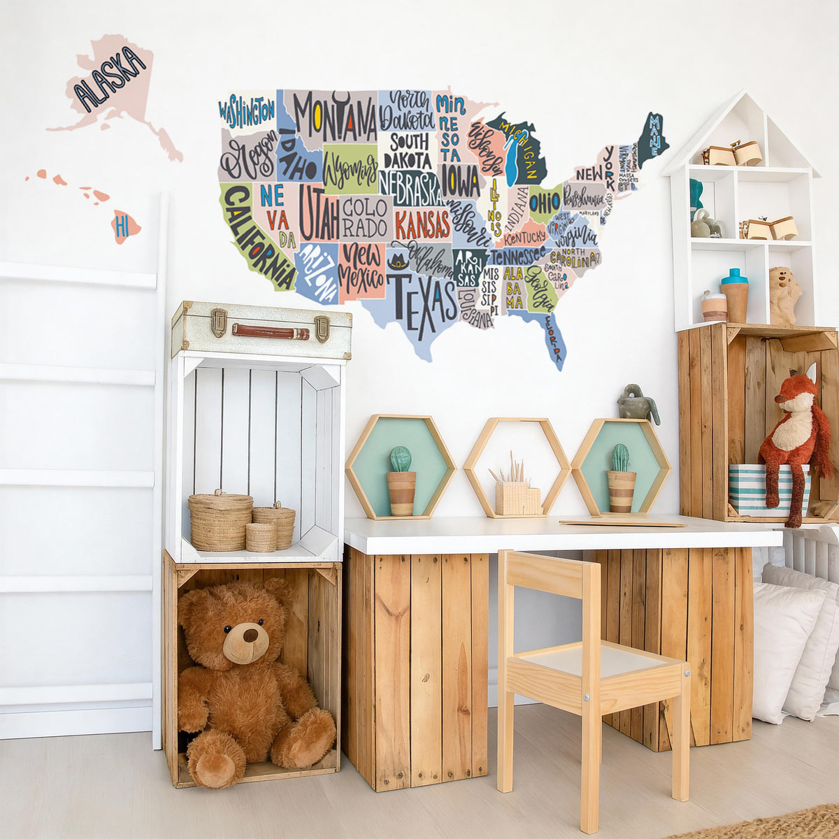 USA Map Wall Decal with State Names arranged on a feature wall