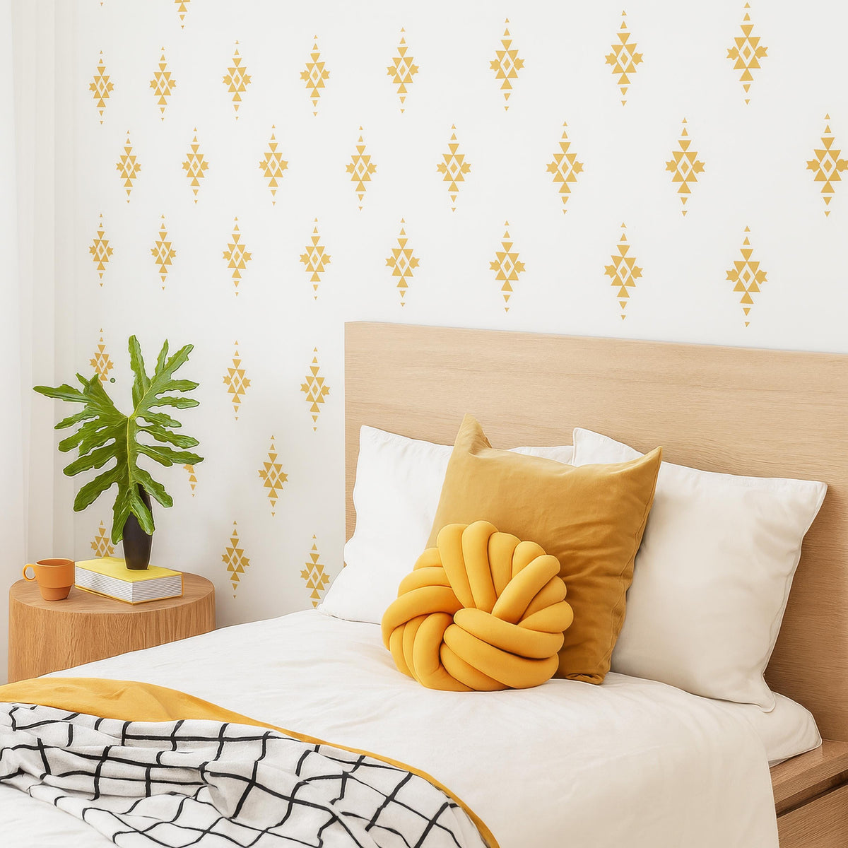 Boho Tribal Wall Decals Set arranged on a feature wall