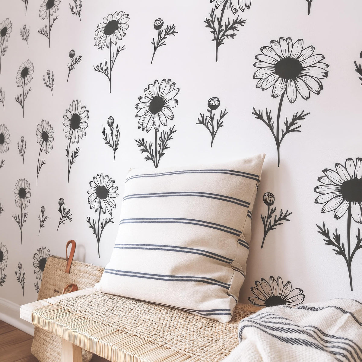 Sunflower Wall Decals Set (20 Flowers + 24 Buds) installed on a styled nursery wall