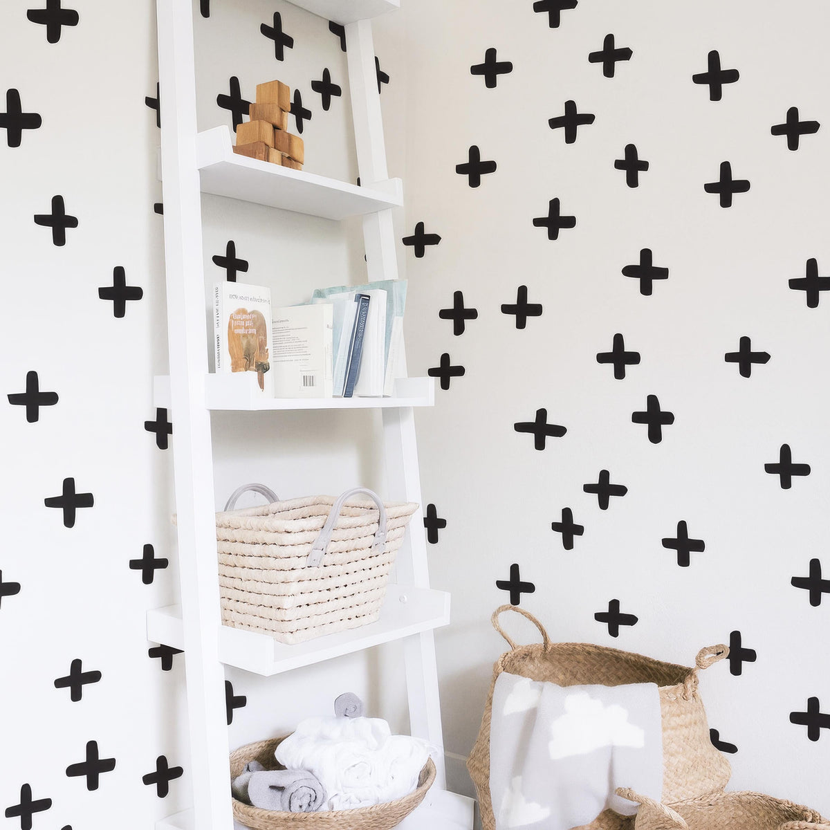 Plus Sign Wall Decals arranged on a feature wall