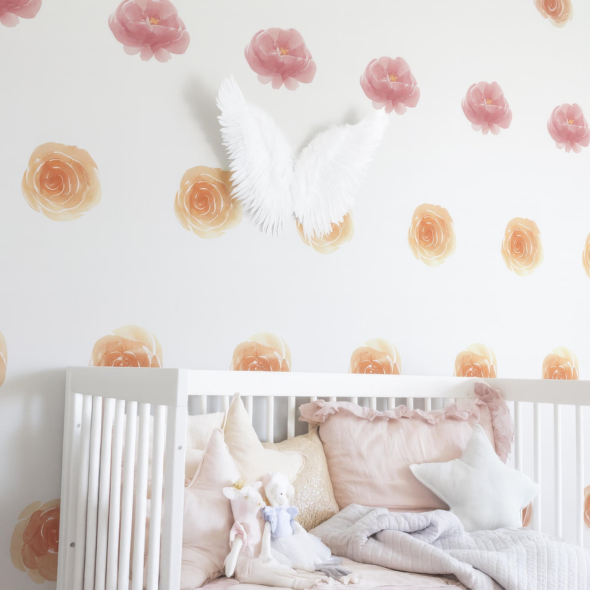 Watercolor Peony Wall Decals displayed in a styled space